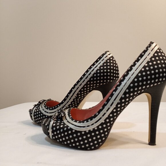 NOT RATED FABRIC PEEP TOE HIGH HEELS POLKA DOT BLUE WHITE WOMEN SIZE 10 - Picture 4 of 8